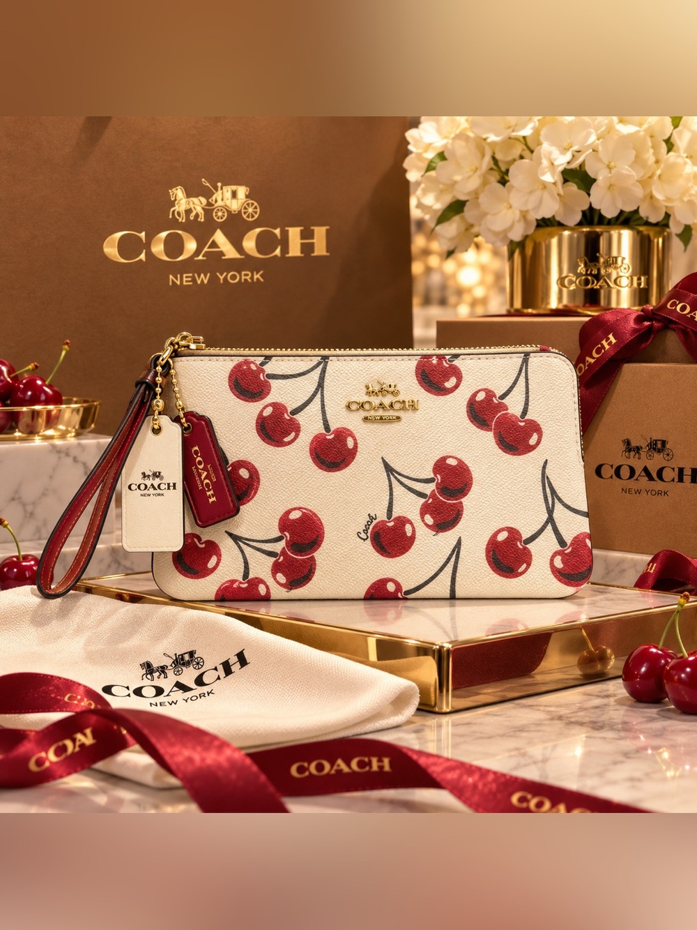 Cherry Print Wristlet Pouch in White and Red